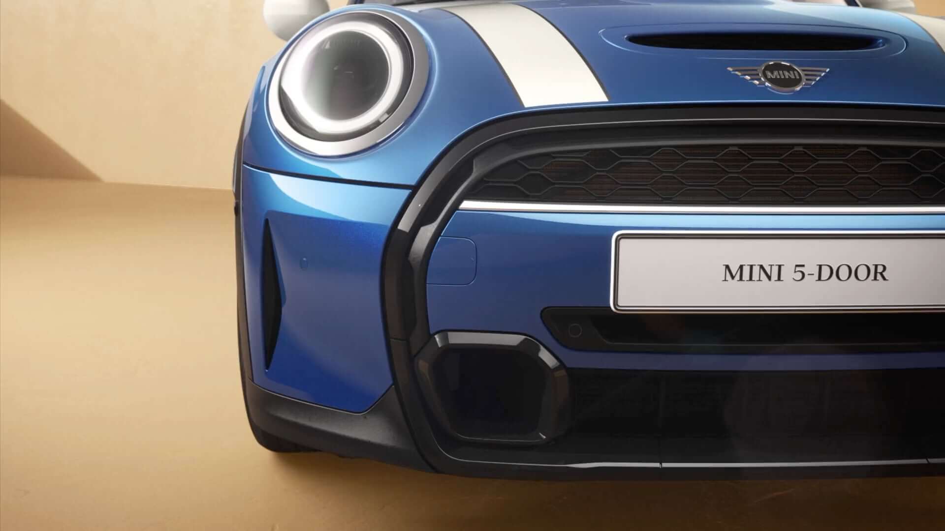 Piecdurvju MINI Hatch – priekšpuses sānskats – Blue un White krāsa
