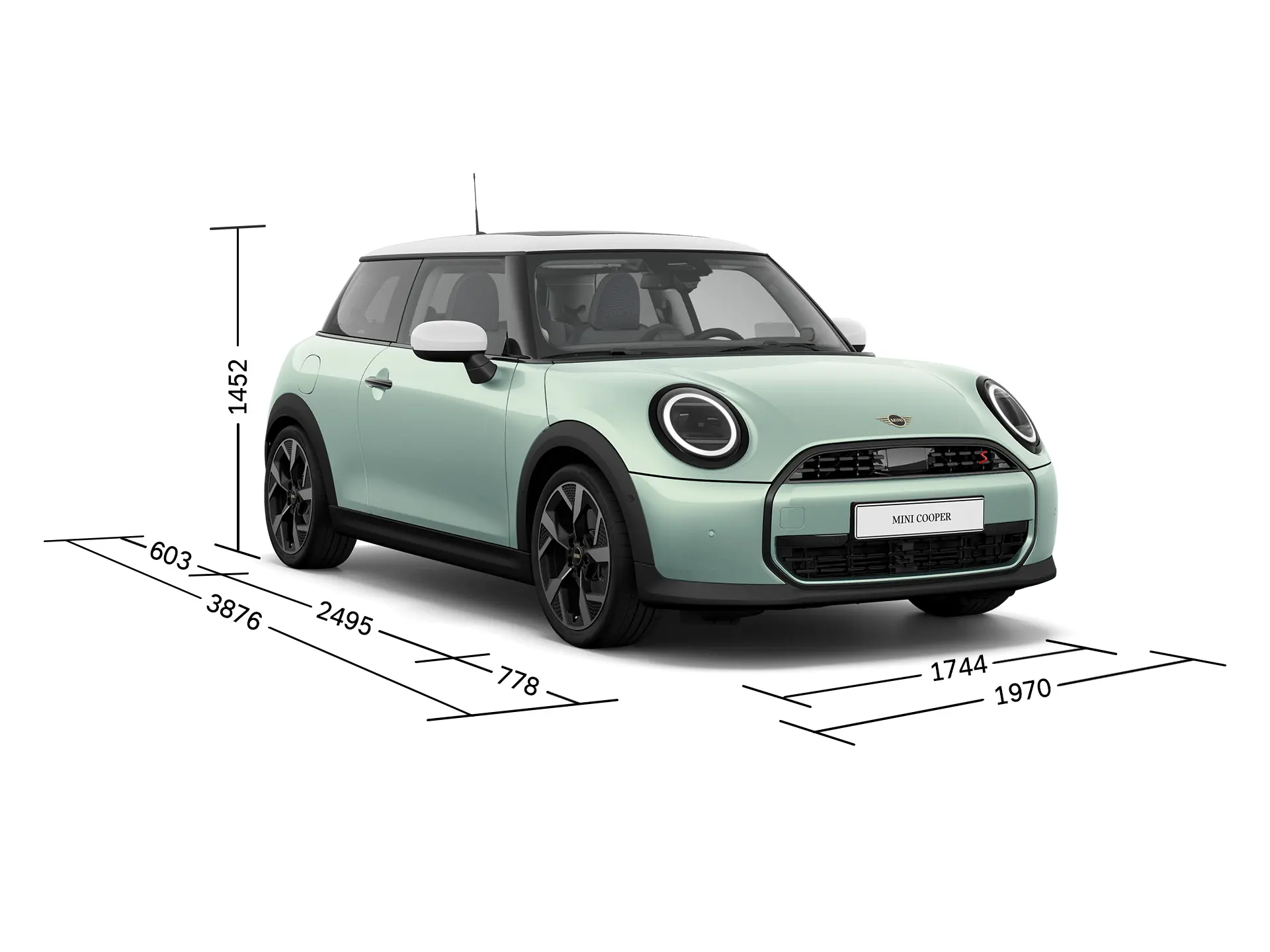 Trīsdurvju MINI Cooper – priekšskats ar izmēriem