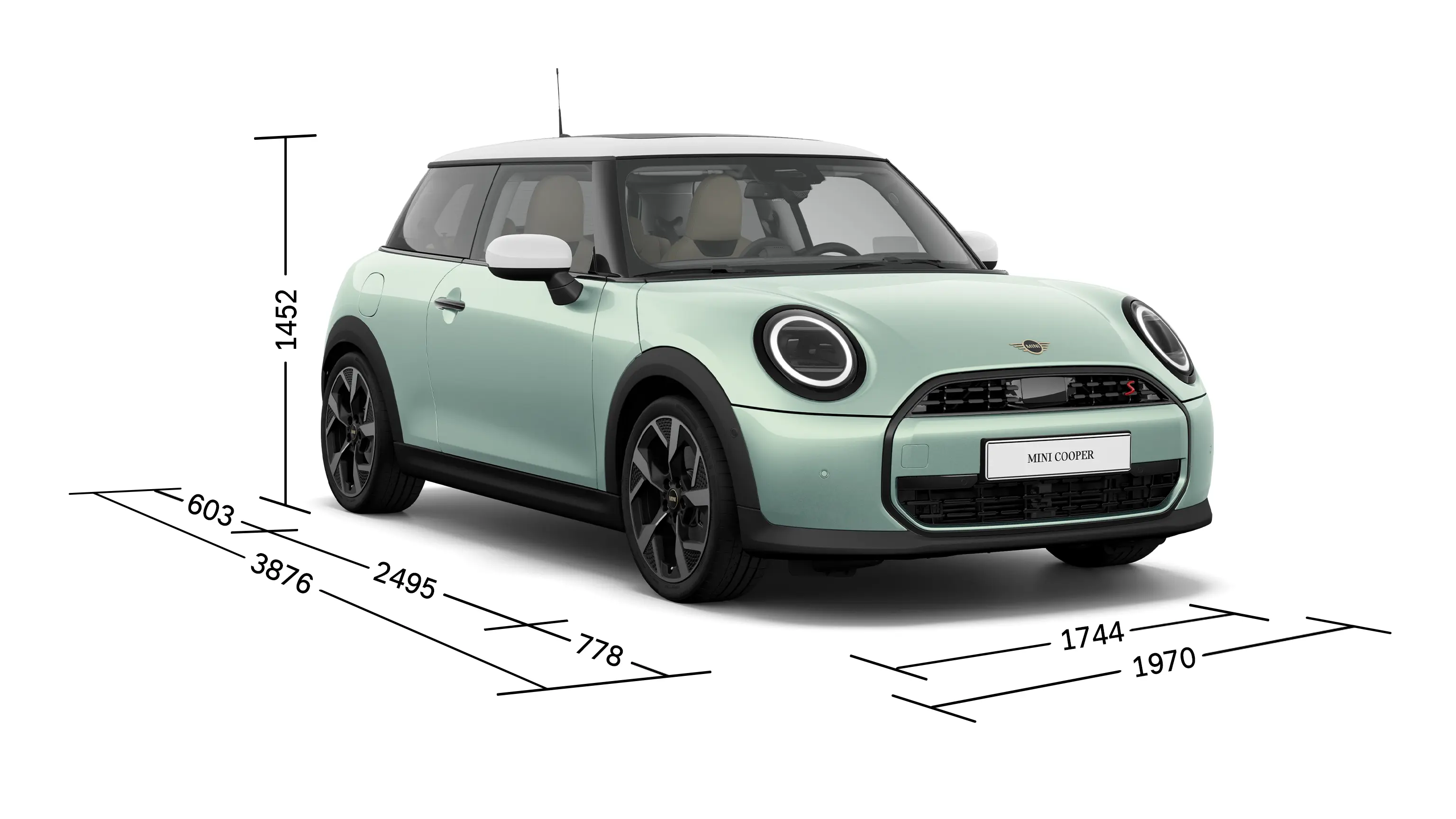 Trīsdurvju MINI Cooper – priekšskats ar izmēriem