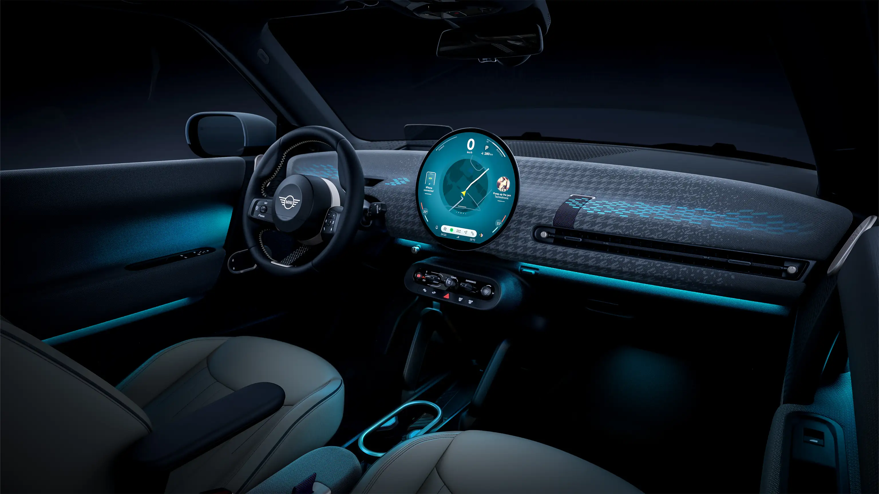 Pilnībā Elektriskais MINI Cooper interjers ar aizmugurējiem sēdekļiem Nightshade Blue Vescin apdarē
