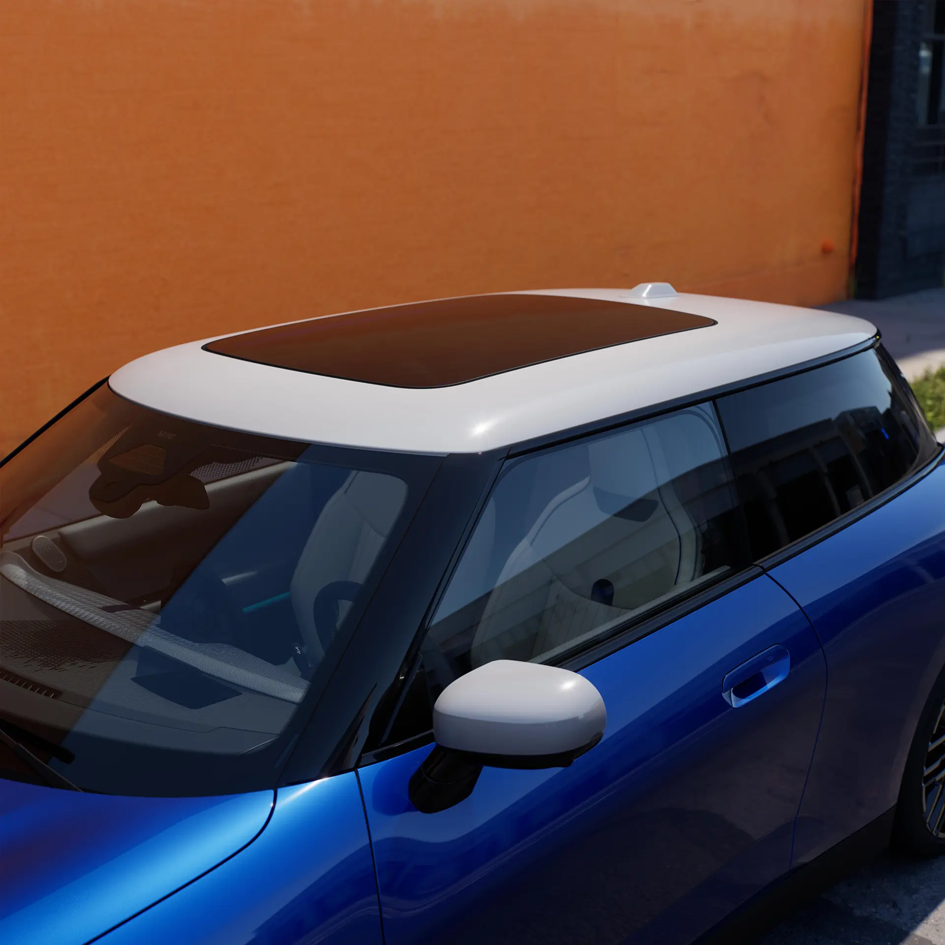 Pilnībā Elektriskais MINI Cooper aizmugurējo lukturu tuvplāns ar ieslēgtiem sarkanajiem lukturiem