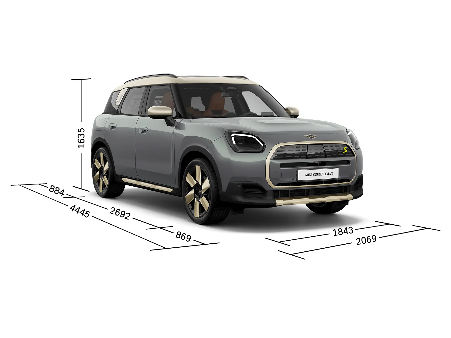 Pilnībā elektriskais MINI Countryman – priekšskats ar izmēriem