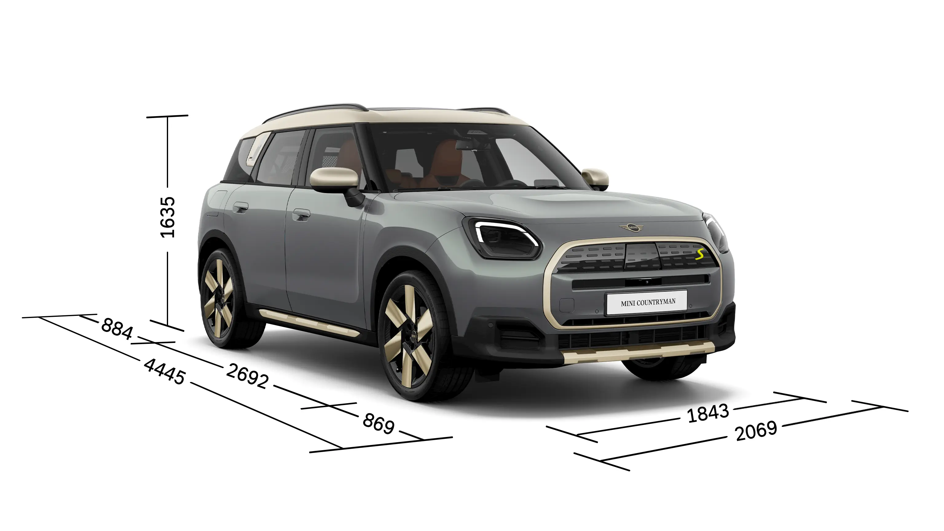 Pilnībā elektriskais MINI Countryman – priekšskats ar izmēriem
