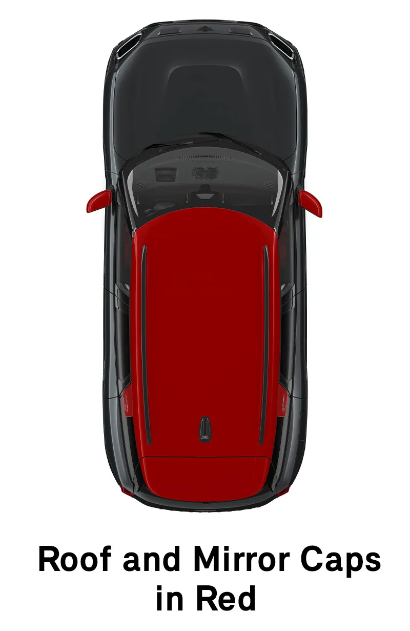  MINI – aprīkojums – jcw stils, jumts un spoguļu korpusi sarkanā krāsā