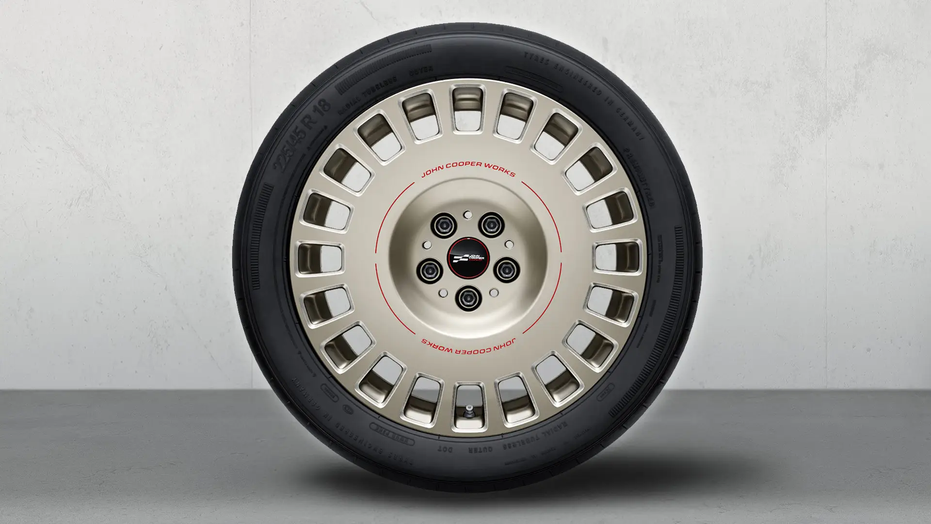 18 collu JCW vieglmetāla diski, Rallye Spoke, 992, divtoņu (Vibrant Silver krāsā, pulēti), pilns vasaras riteņu komplekts