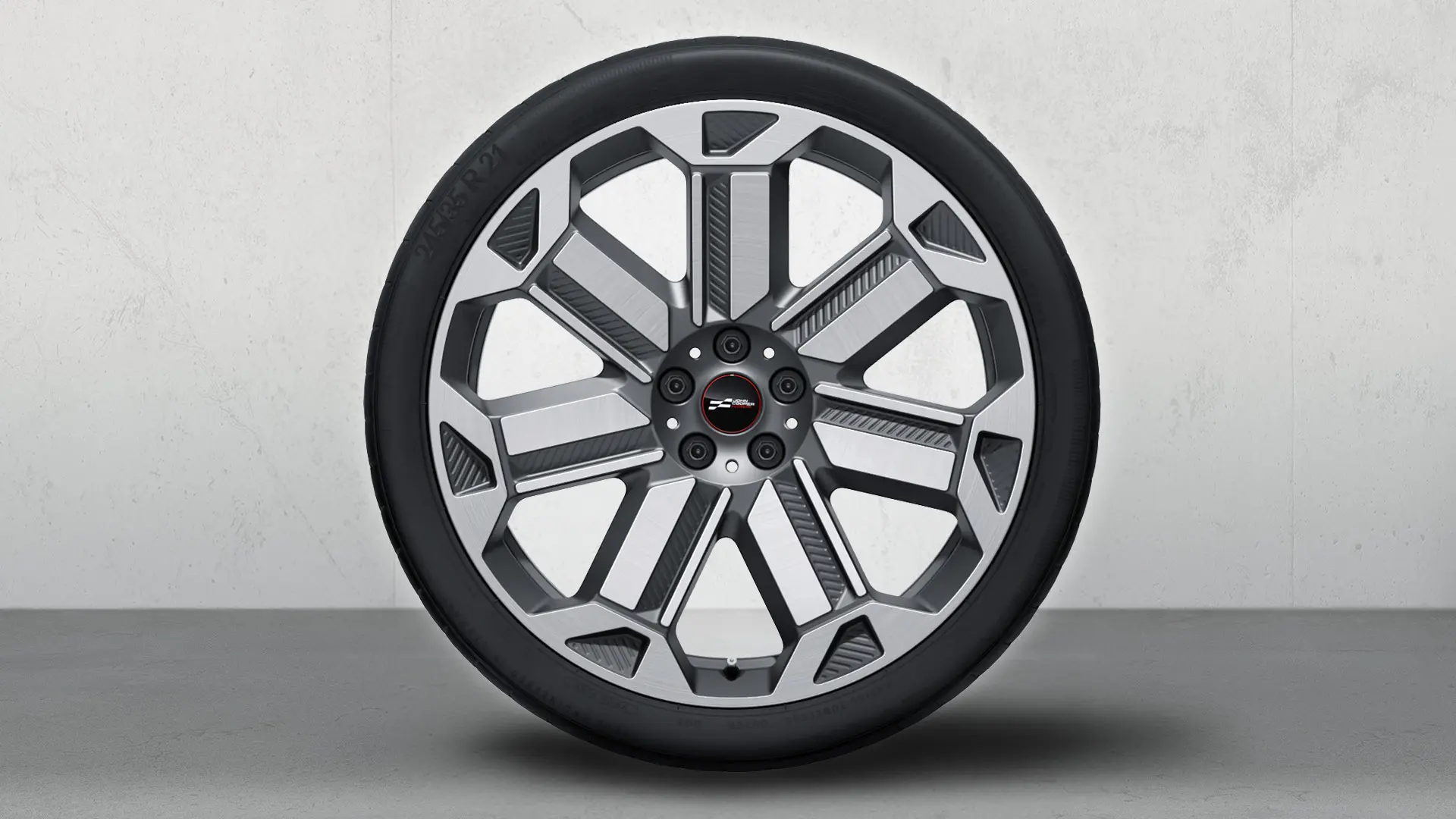 21 collas JCW vieglmetāla lietie diski, Rallye Spoke, 950, divtoņu (Frozen Gunmetal Grey krāsā, spīdīgi pulēti), pilns vasaras riteņu komplekts