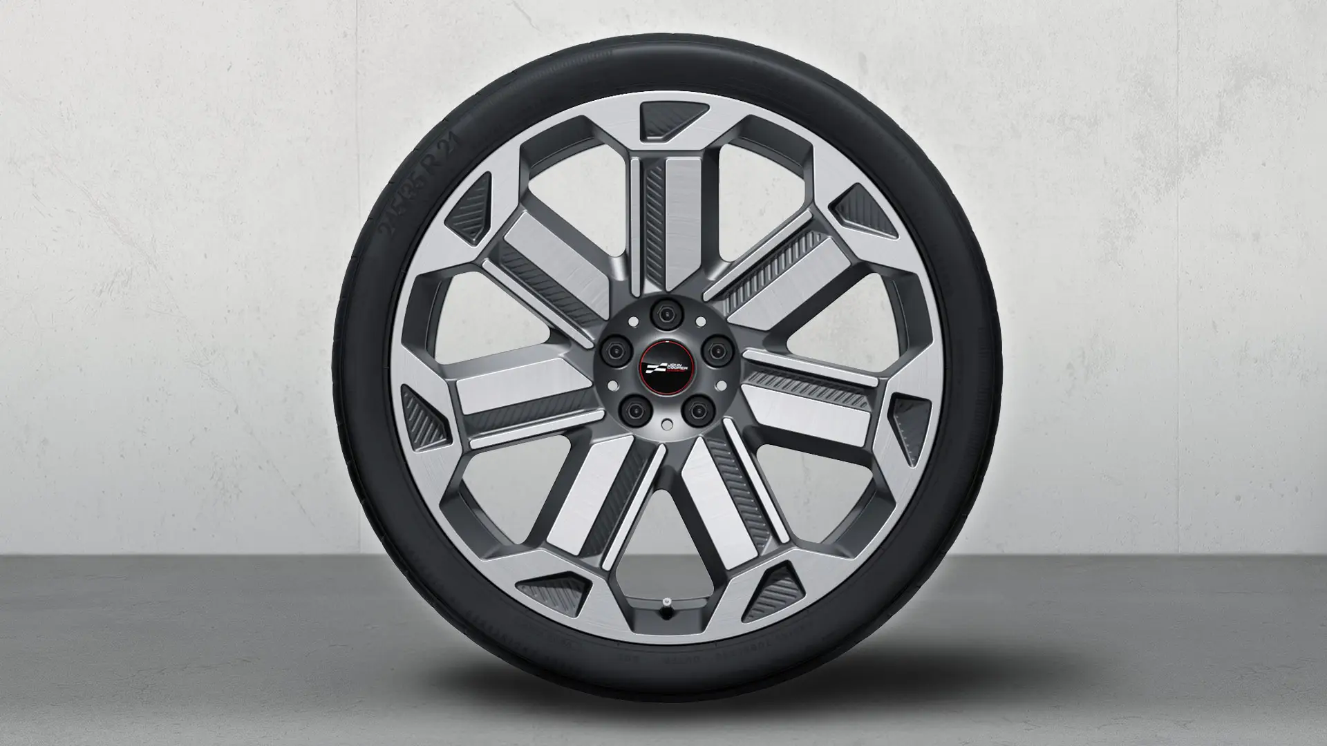 21 collas JCW vieglmetāla lietie diski, Rallye Spoke, 950, divtoņu (Frozen Gunmetal Grey krāsā, spīdīgi pulēti), pilns vasaras riteņu komplekts