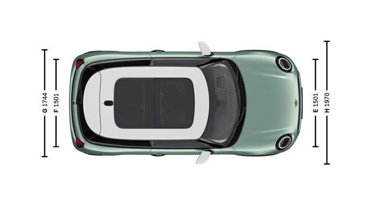 Trīsdurvju MINI Cooper – izmēri – ievadattēls no putna lidojuma